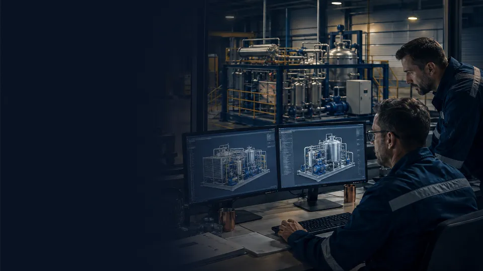 Dos ingenieros revisan el modelo 3D de una planta de proceso en sus monitores