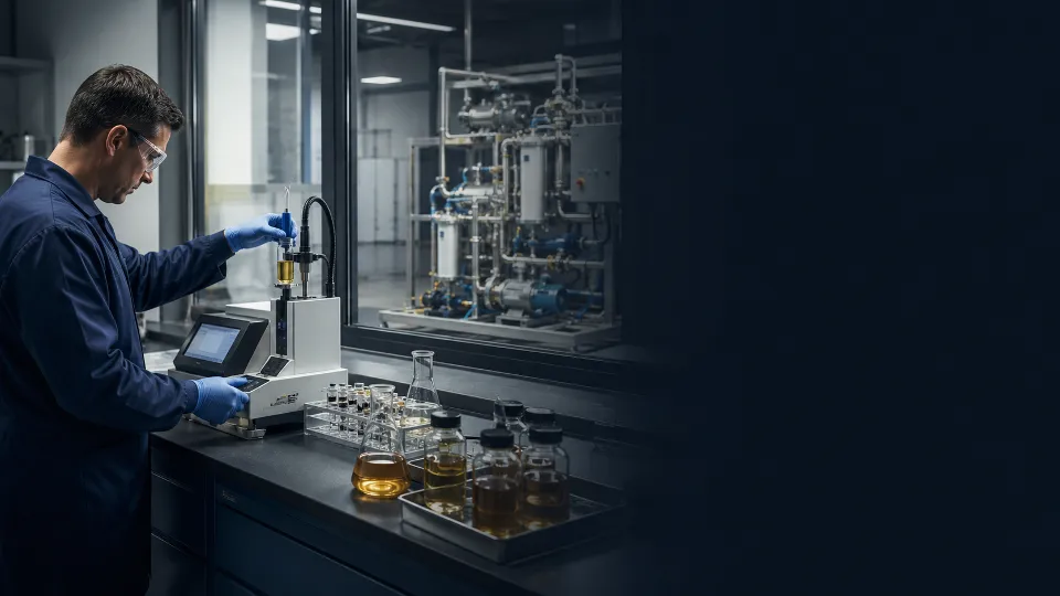 Técnico de laboratorio analizando una muestra de aceite