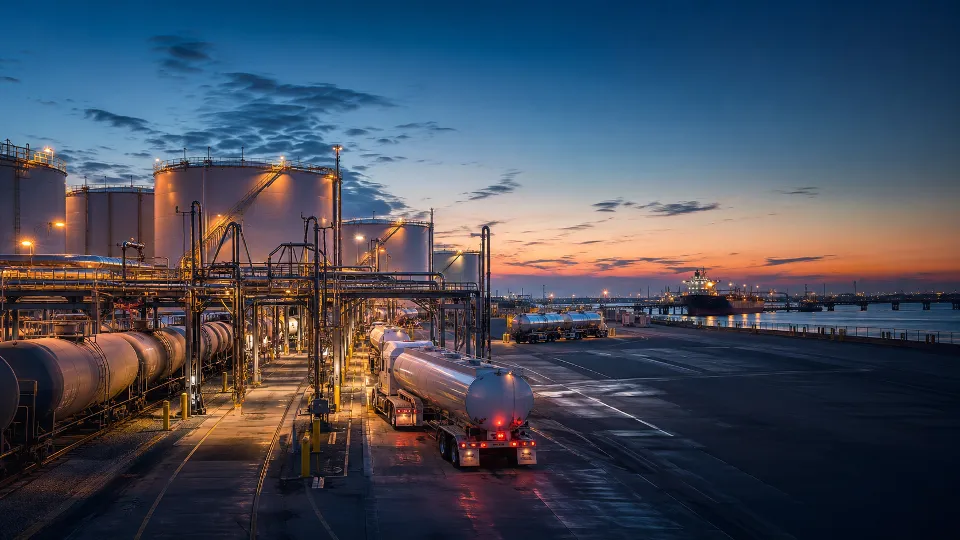 Terminal de almacenamiento con tanques, carrotanques y autotanques al atardecer